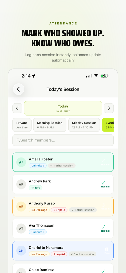 Mark attendance with one tap per member