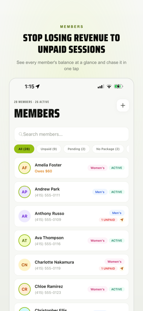 Members list with paid and unpaid balance badges